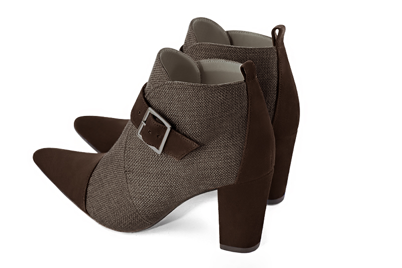 Dark brown women's ankle boots with buckles at the front. Tapered toe. High block heels. Rear view - Florence KOOIJMAN